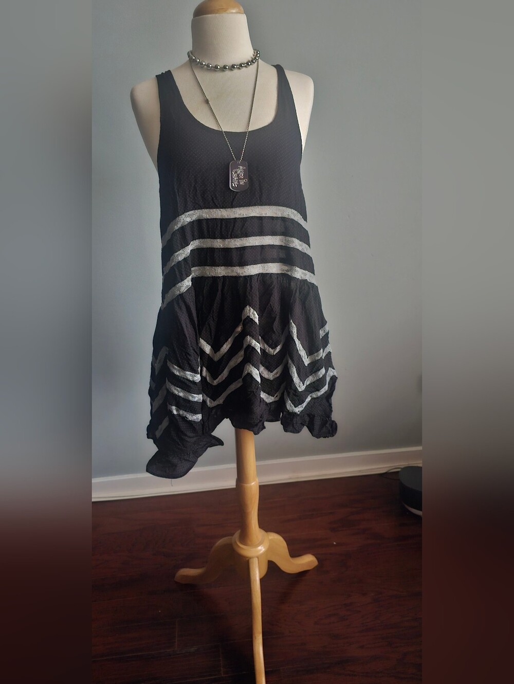 Free People Black Chemise with Silver Chevron Stripes